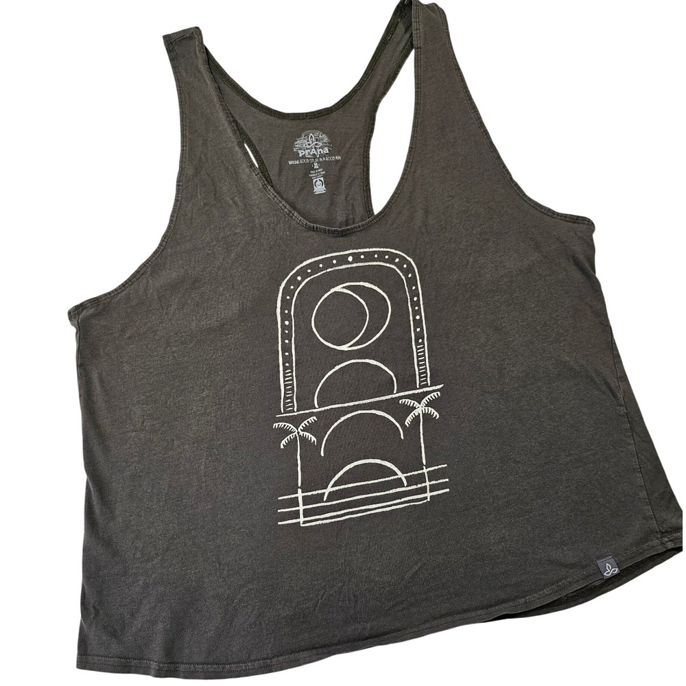Prana Womens XL Dark Gray Moon Phase Palm Tree Racerback Graphic Tank Top